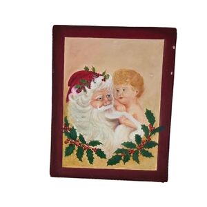 Vintage Santa And Small Child Christmas Holiday Painting 10 1/4" X 8 1/4" Gimp